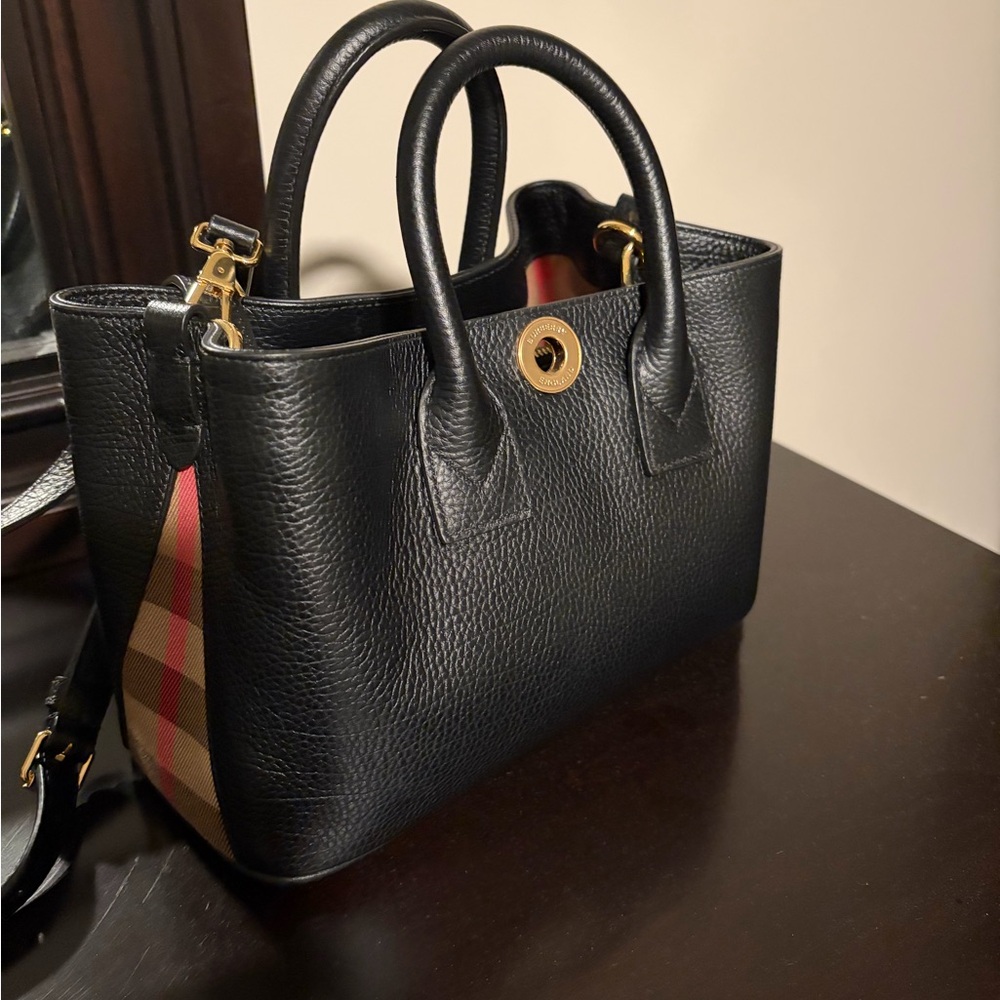 Burberry Black Leather Satchel with Signature Plaid Panels